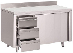  Gastro M worktable with sliding doors,left 3 drawers and upstand 120(d)x70x85(h)cm 