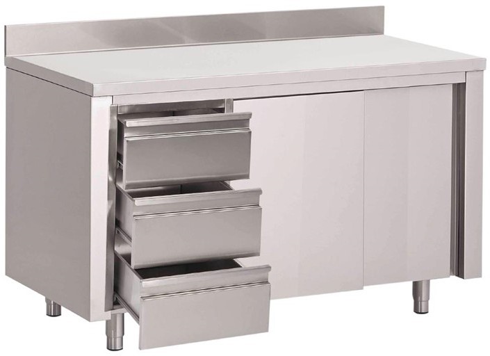  Gastro M worktable with sliding doors,left 3 drawers and upstand 100(d)x70x85(h)cm 