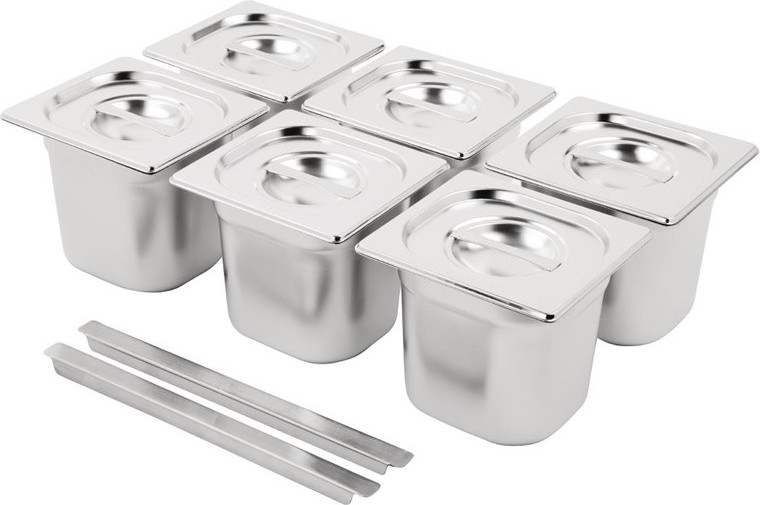  Vogue Stainless Steel Gastronorm Pan Set with Lids 1/6 (Pack of 6) 
