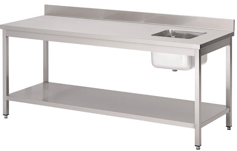  Gastro M tables with drainerbowl and upstand, 160(l)x70(b)x85(h)cm, bowl on the right 