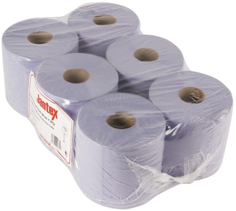  Jantex Blue Centrefeed Rolls 1ply 300m (Pack of 6) 