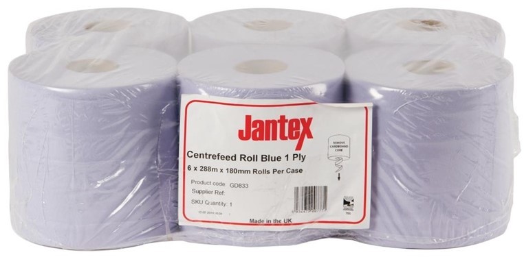  Jantex Blue Centrefeed Rolls 1ply 300m (Pack of 6) 