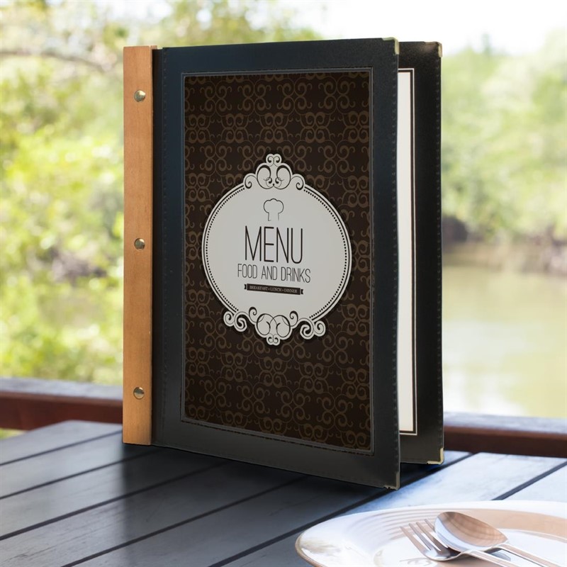  Securit Wood Spine American Style Menu Cover A4 Black 