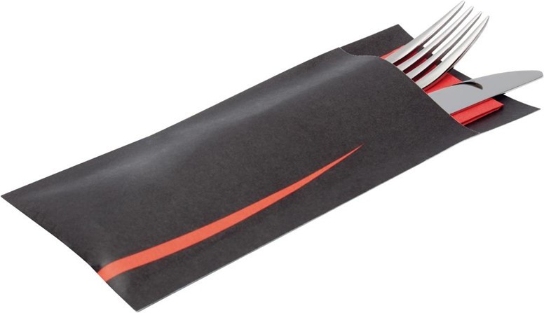  Europochette Bari Black Cutlery Pouch with Red Napkin (Pack of 100) 
