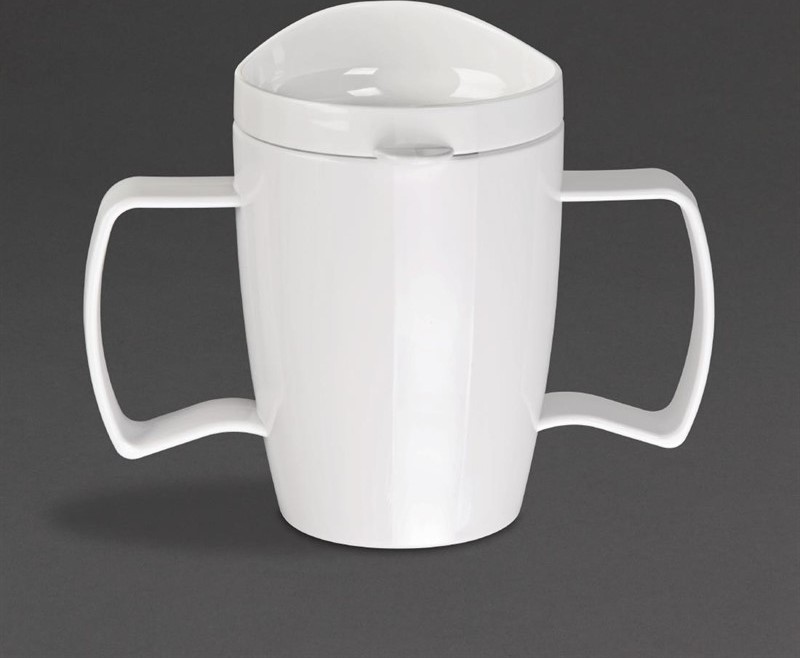  Olympia Kristallon Heritage Double-Handled Mugs with Lids White 300ml (Pack of 4) 